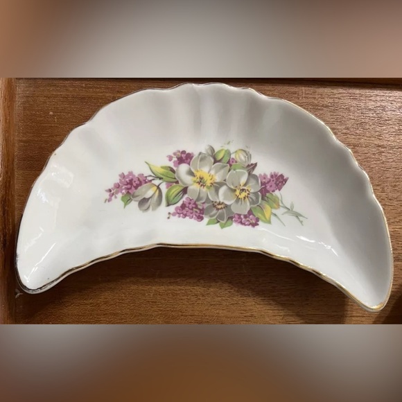 Vintage Bone Dish Crescent Moon Set 2 Chadwick Japan MCM Floral Gold Rim Witchy - Picture 4 of 13